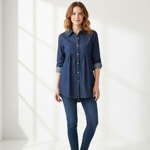 Voice Chambray Denim Roll Up Sleeves Dressy Tunic Top Medium Style# RB2655J